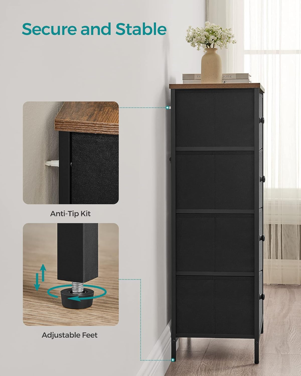 Fabric Dresser with 4 Drawers and Metal Frame - Compact Chest of Drawers in Ebony Black and Rustic Brown