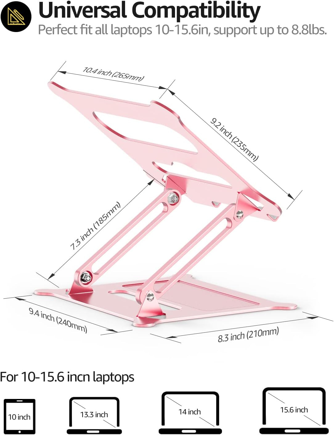 Adjustable Laptop Notebook Stand - Portable Riser Compatible with 10-15.6" Laptops, Including MacBook Air/Pro, HP, Dell XPS, and Lenovo (Rose Gold)