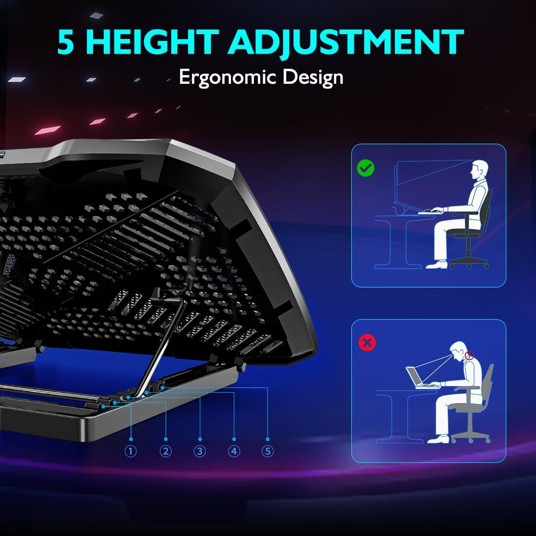 Laptop Cooling Pad with Adjustable Stand and 5 Quiet Fans for 12-15.6 Inch Notebooks (Black)