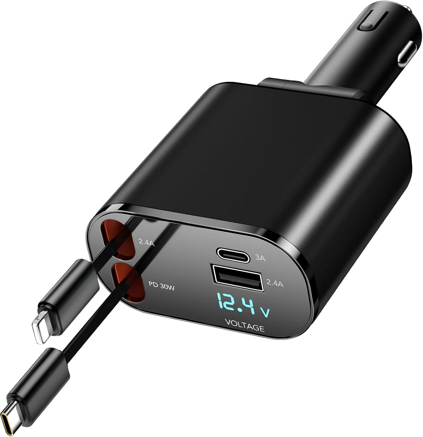 Retractable 4-in-1 Fast Charging Car Charger - 60W with Retractable Cable and Dual USB Ports