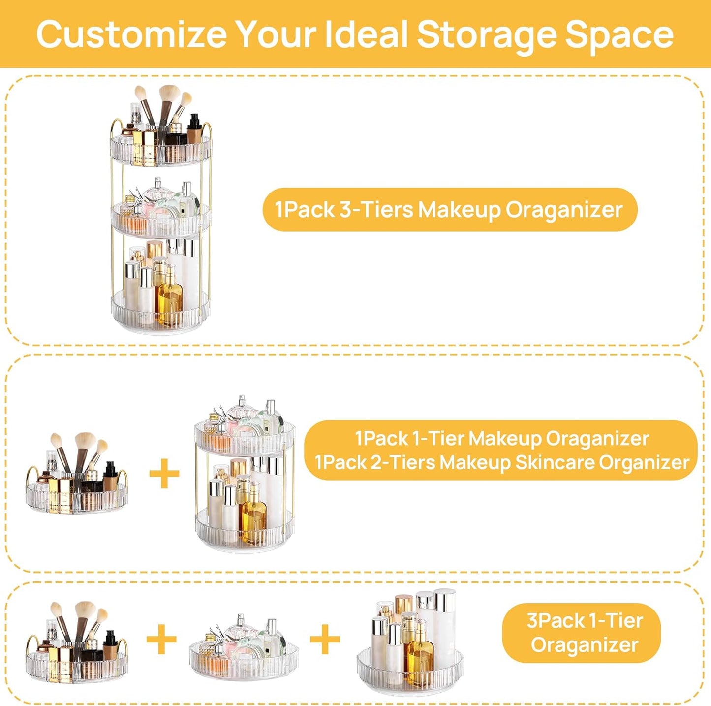 360° Rotating Makeup Organizer - 3-Tier Large Capacity Vanity and Bathroom Countertop Skincare and Cosmetics Storage Solution