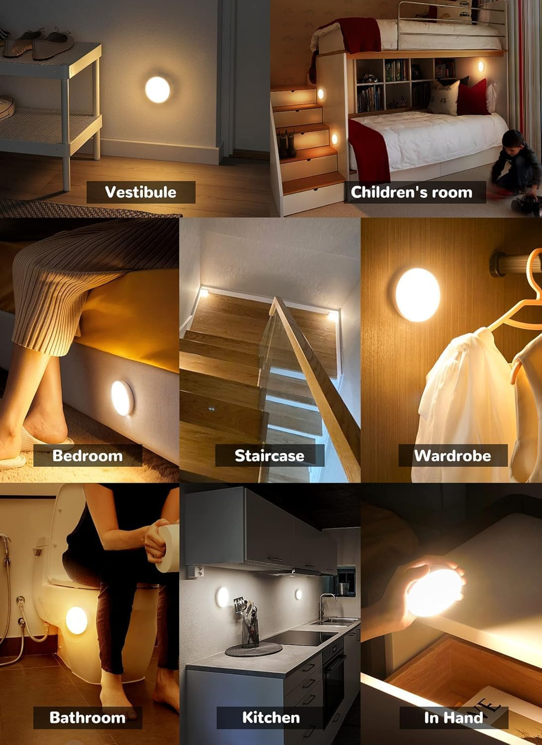 Motion Sensor Lights Indoor, 6 Packs under Cabinet Lighting Wireless Rechargeable, 12 LED Battery Operated Closet Lights, Magnetic Puck Night Lights for Kitchen Stair Wall, Warm/White