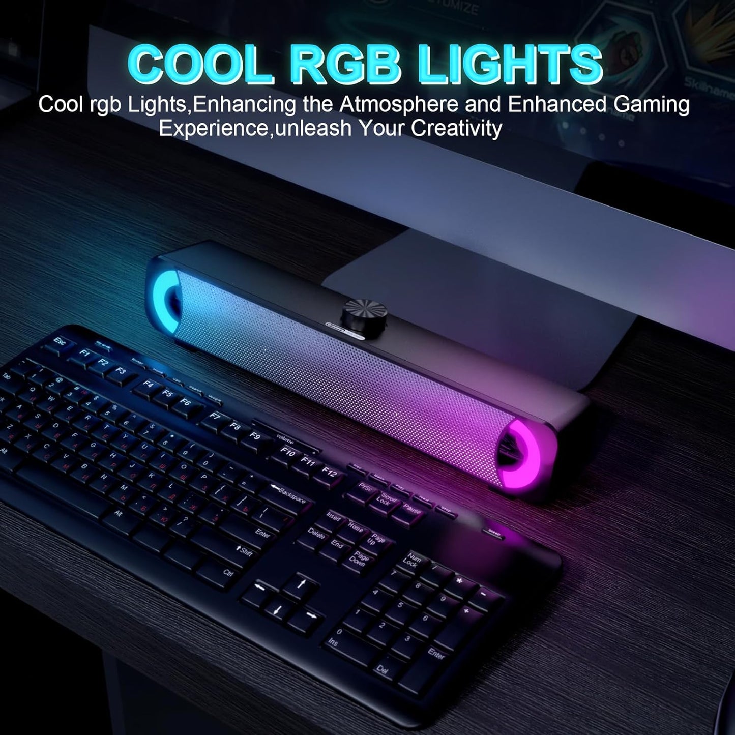 Wired USB Computer Speakers with RGB Lighting - External Sound Bar for Desktop and Laptop with 3.5mm AUX Connection, Plug and Play