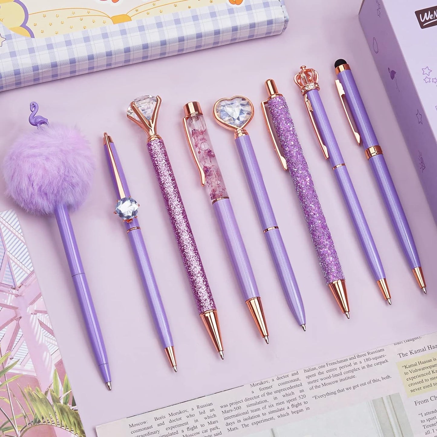 8Pcs Ballpoint Pens Set Purple Pens Set Purple Ballpoint Pen Bling in Black & Blue Ink Metal Crystal Diamond Pen for Journaling Glitter Fancy Pens Gifts for Women Wedding Office