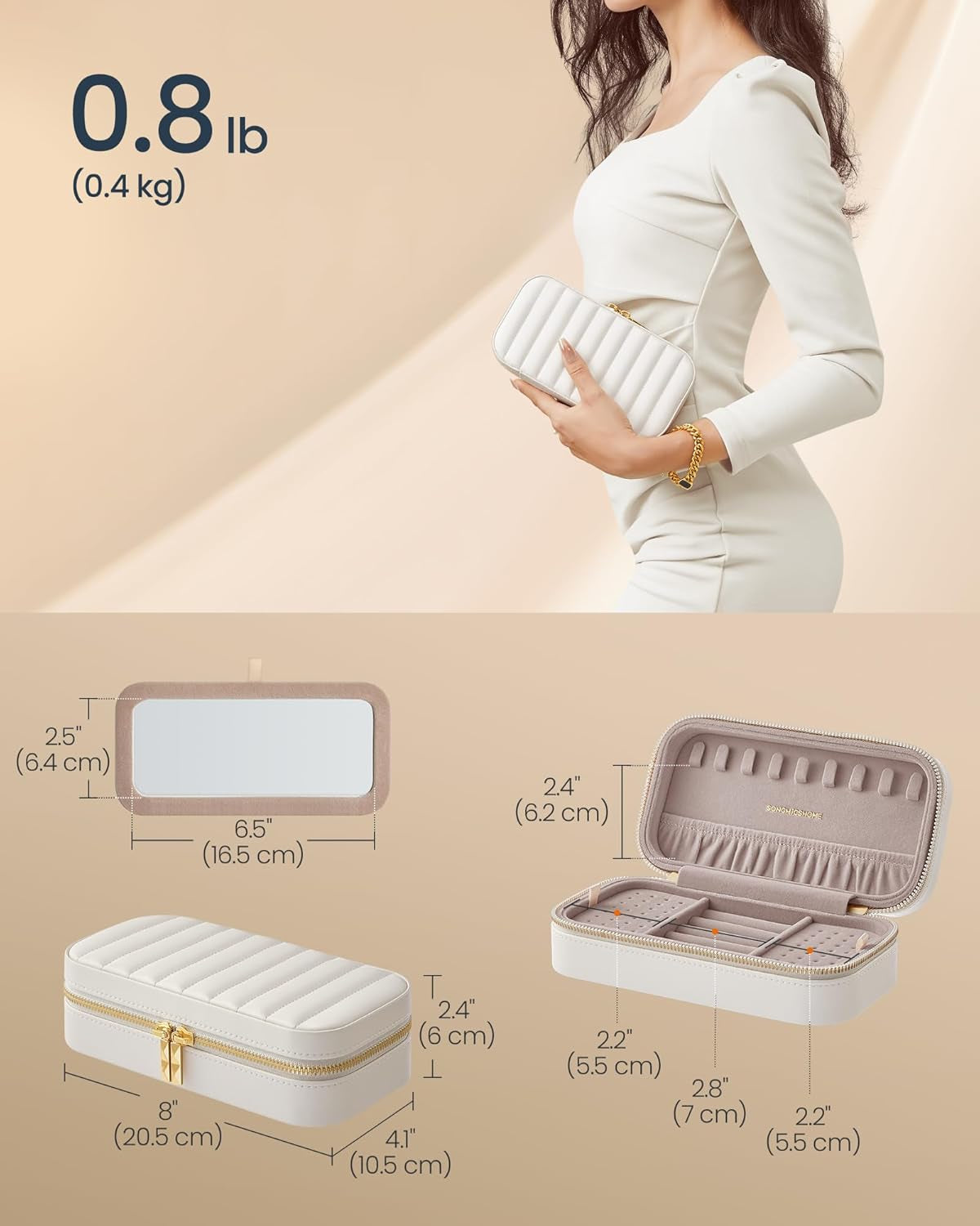 Travel Jewelry Box - Compact Jewelry Organizer with Mirror, PU Leather with Stitching, Portable Design, Zipper Closure