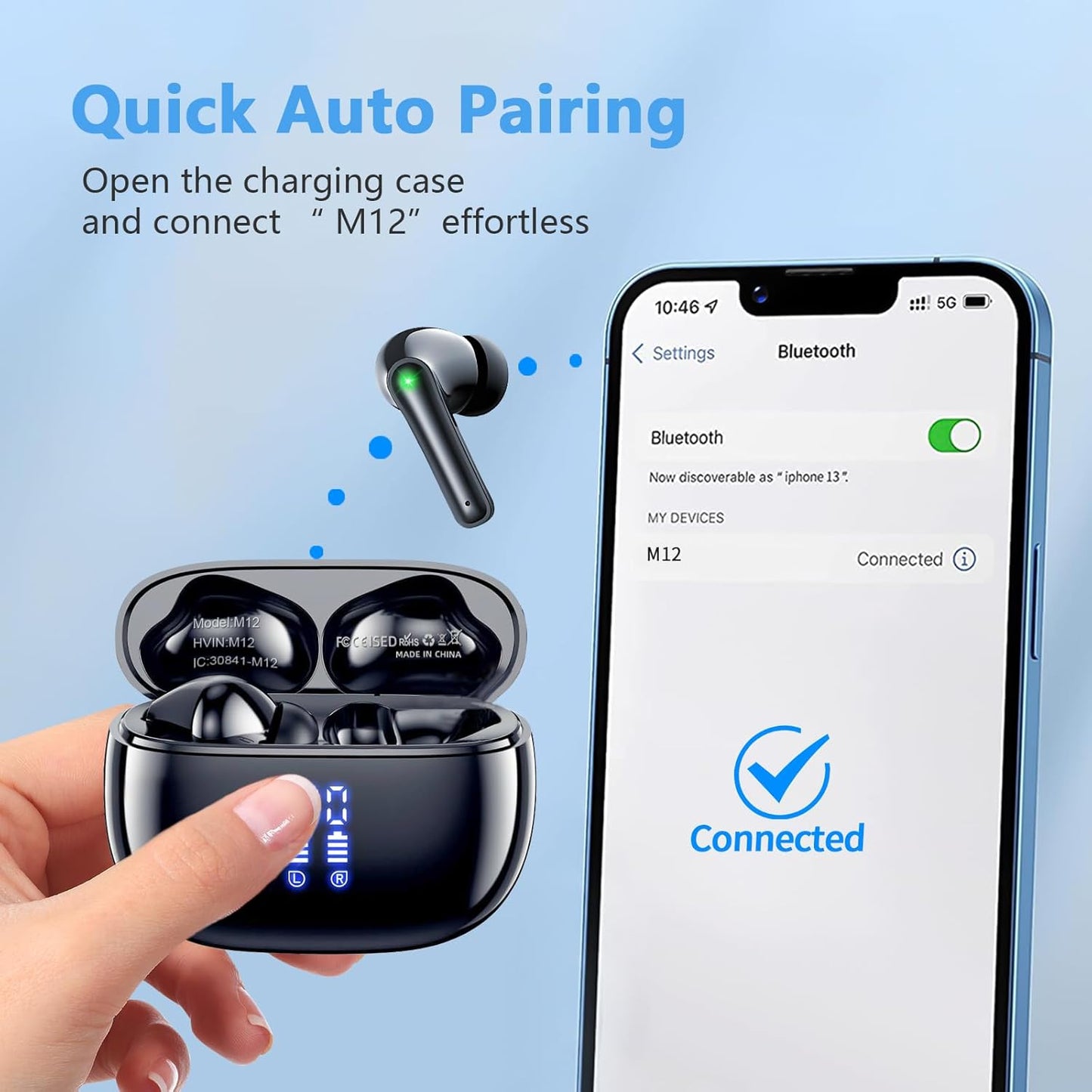 Wireless Earbuds with Bluetooth 5.3, 48 Hrs Playtime, LED Power Display Charging Case, IPX5 Waterproof, Deep Bass Stereo Sound, Mic