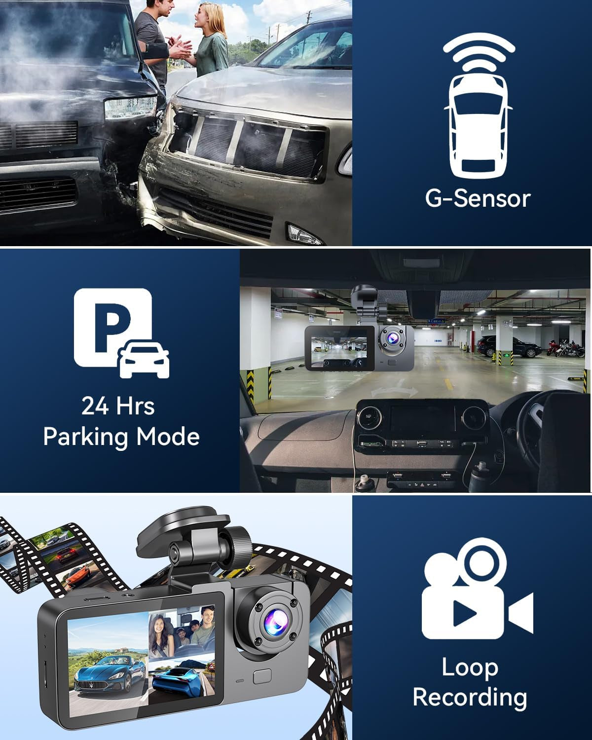 4K Full HD 3-Channel Dash Camera - Front and Rear View, Includes Free 32GB Card, Night Vision, G-Sensor, 24-Hr Park Mode, 170° Wide Angle, and Loop Recording