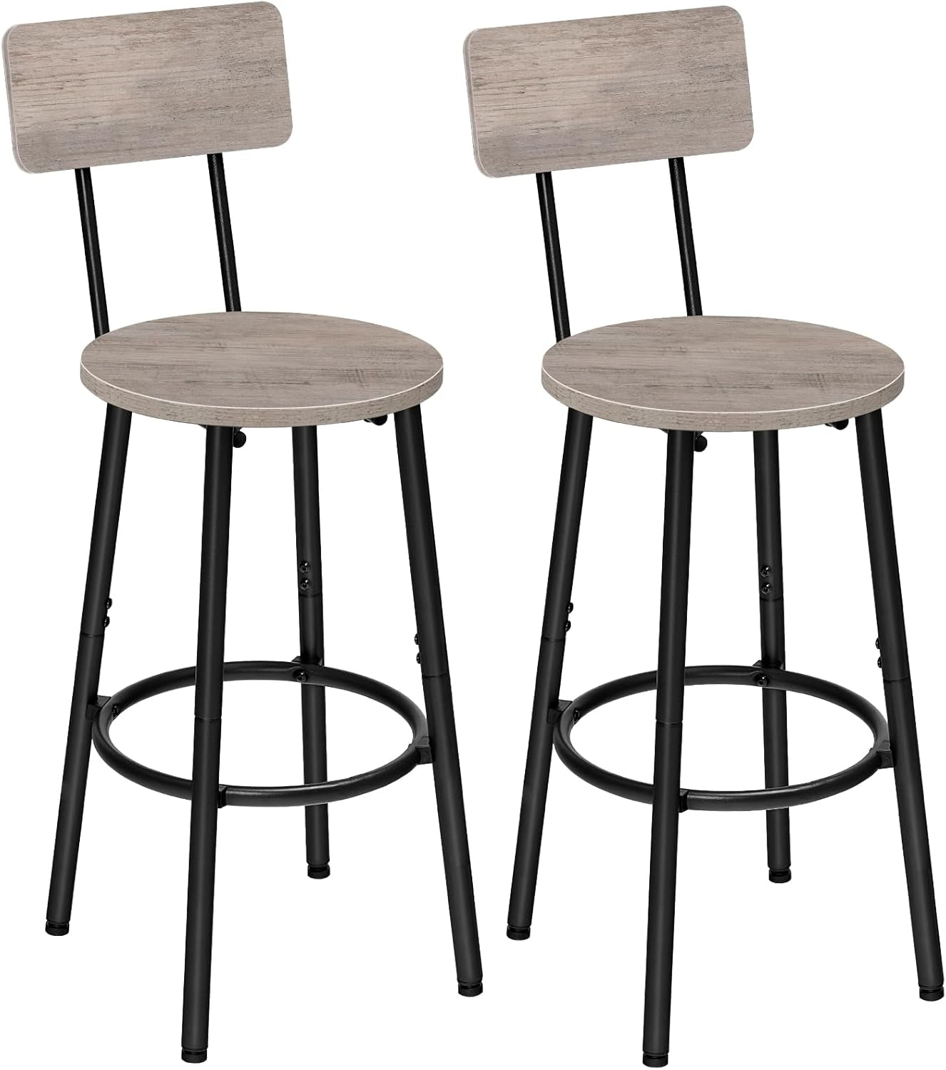 Set of 2 Adjustable Bar Stools with Footrest and Backrest, Rustic Brown and Black, Easy Assembly for Kitchen, Living Room, Bar