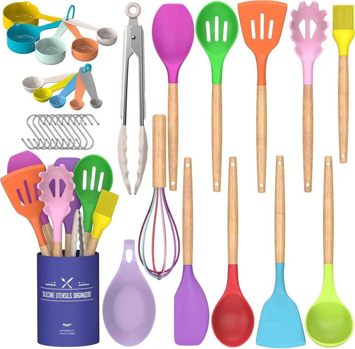 33-Piece Non-Stick Silicone Kitchen Utensils Set with Wooden Handles and Holder (Khaki)