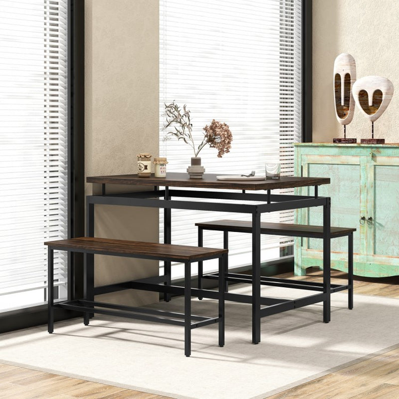 3-Piece Dining Table Set Featuring Wooden Kitchen Table and Two Benches