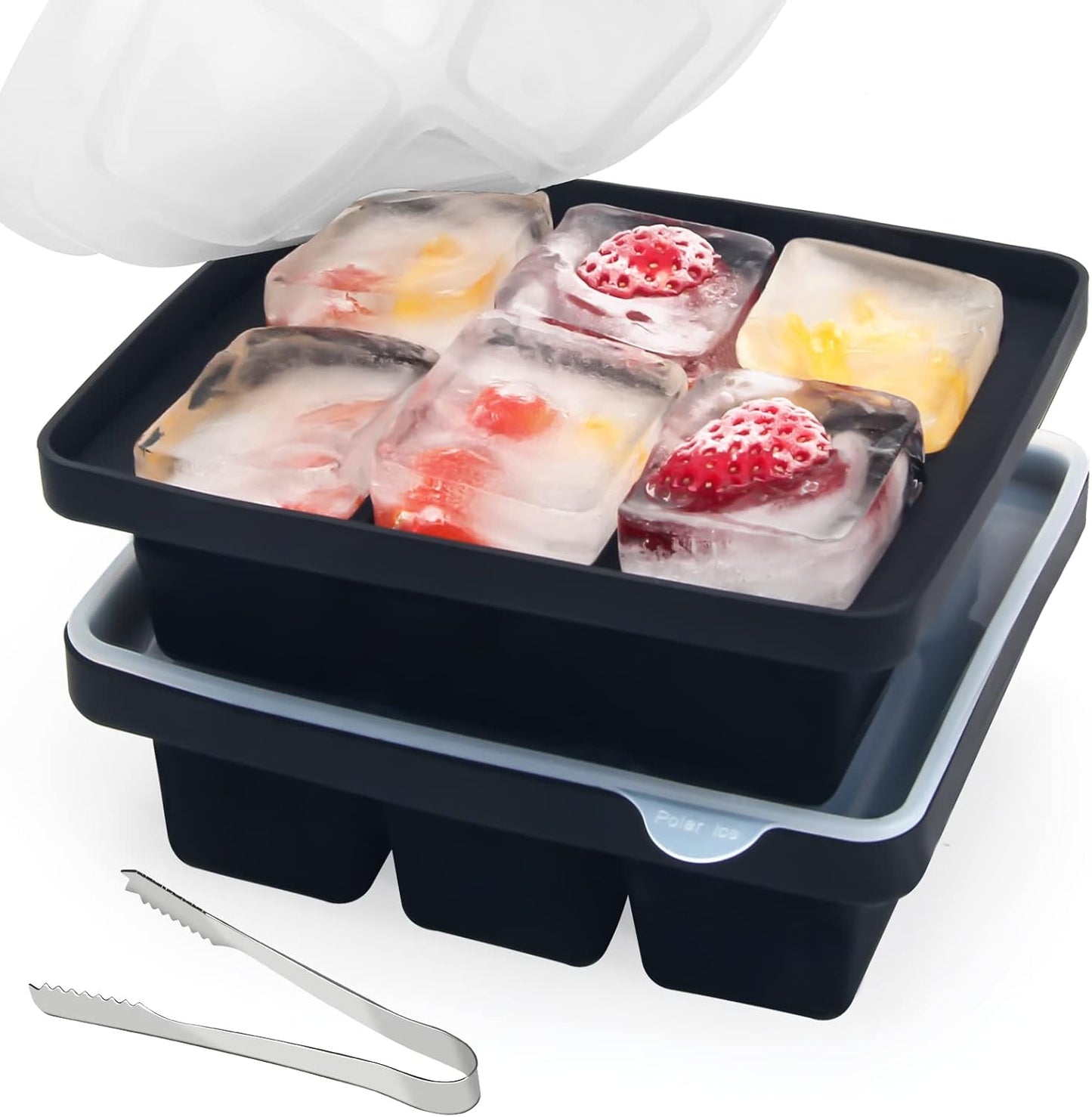 Silicone Ice Cube Tray Set with Lid and Tongs, 3-Pack Large BPA-Free Molds, Flexible Stackable Freezer Containers