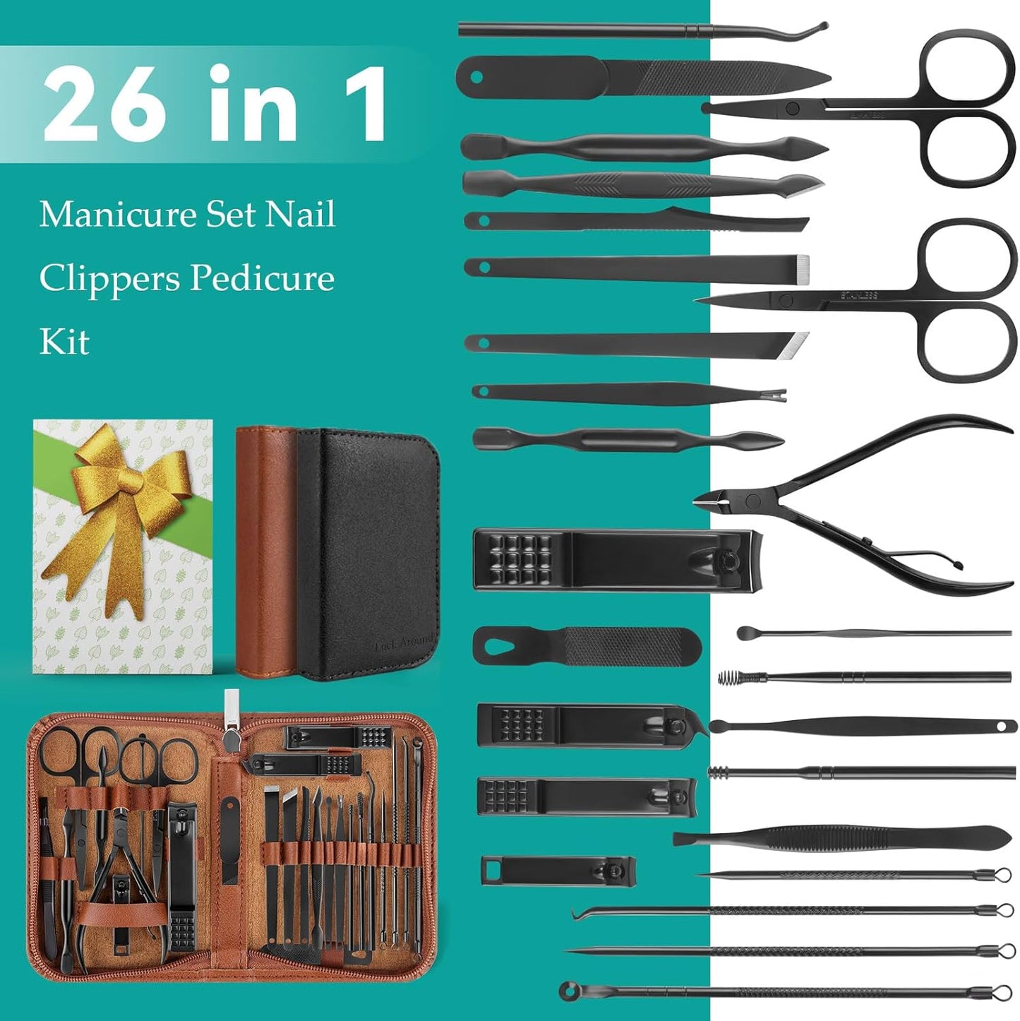 26-Piece Manicure and Pedicure Set with Nail Clippers and Grooming Tools for Travel (Black)