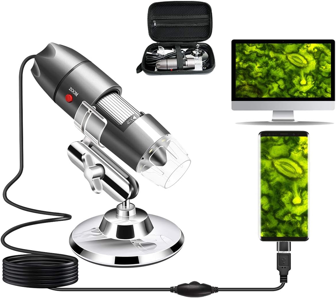 USB Digital Microscope Camera - 40X to 1000X Magnification, Metal Stand, Carrying Case - Android, Windows, Linux, and Mac