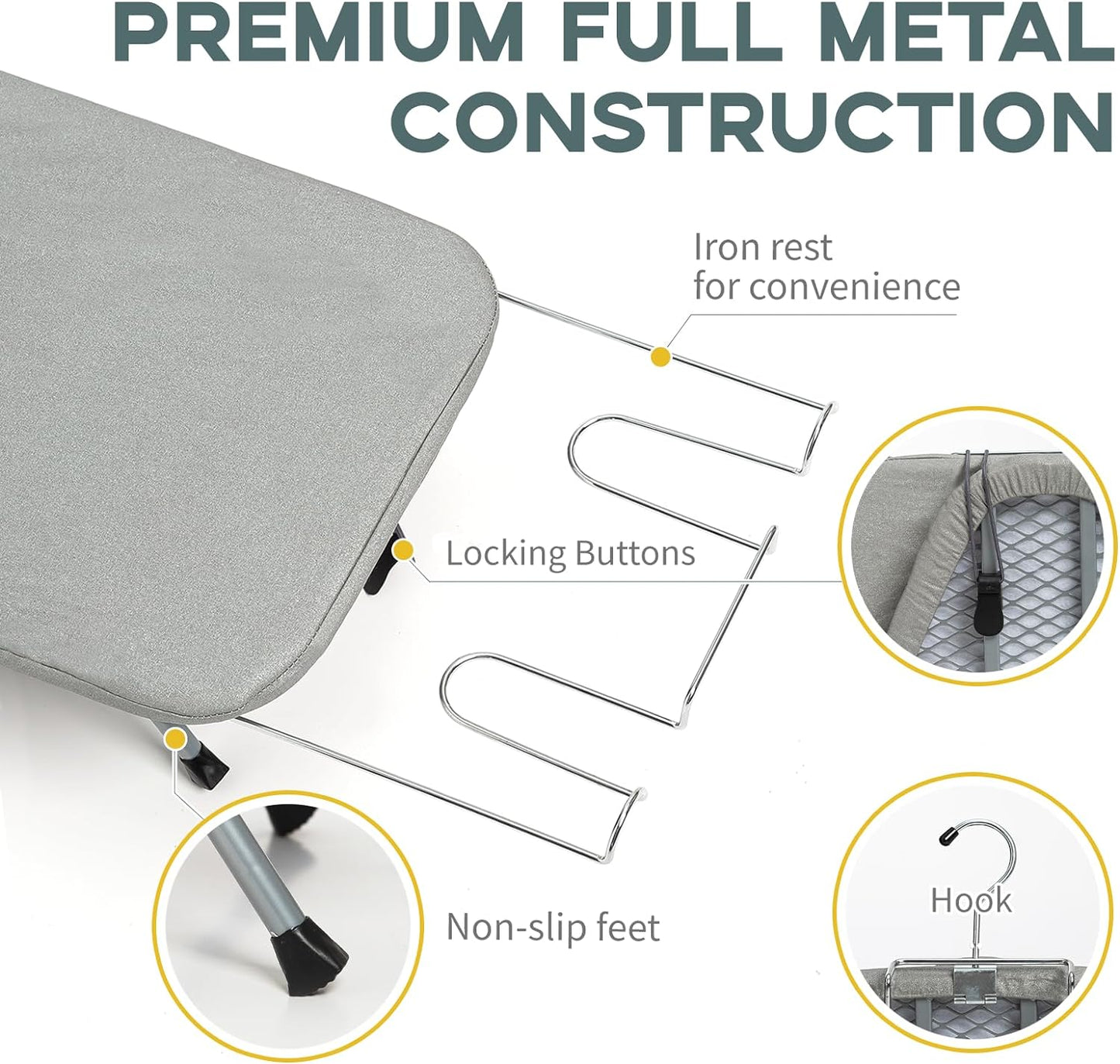 Metal Portable Ironing Board with Heat-Resistant Cotton Cover and Iron Rest, Compact Design for Small Spaces and Travel, 31" x 12", Gray