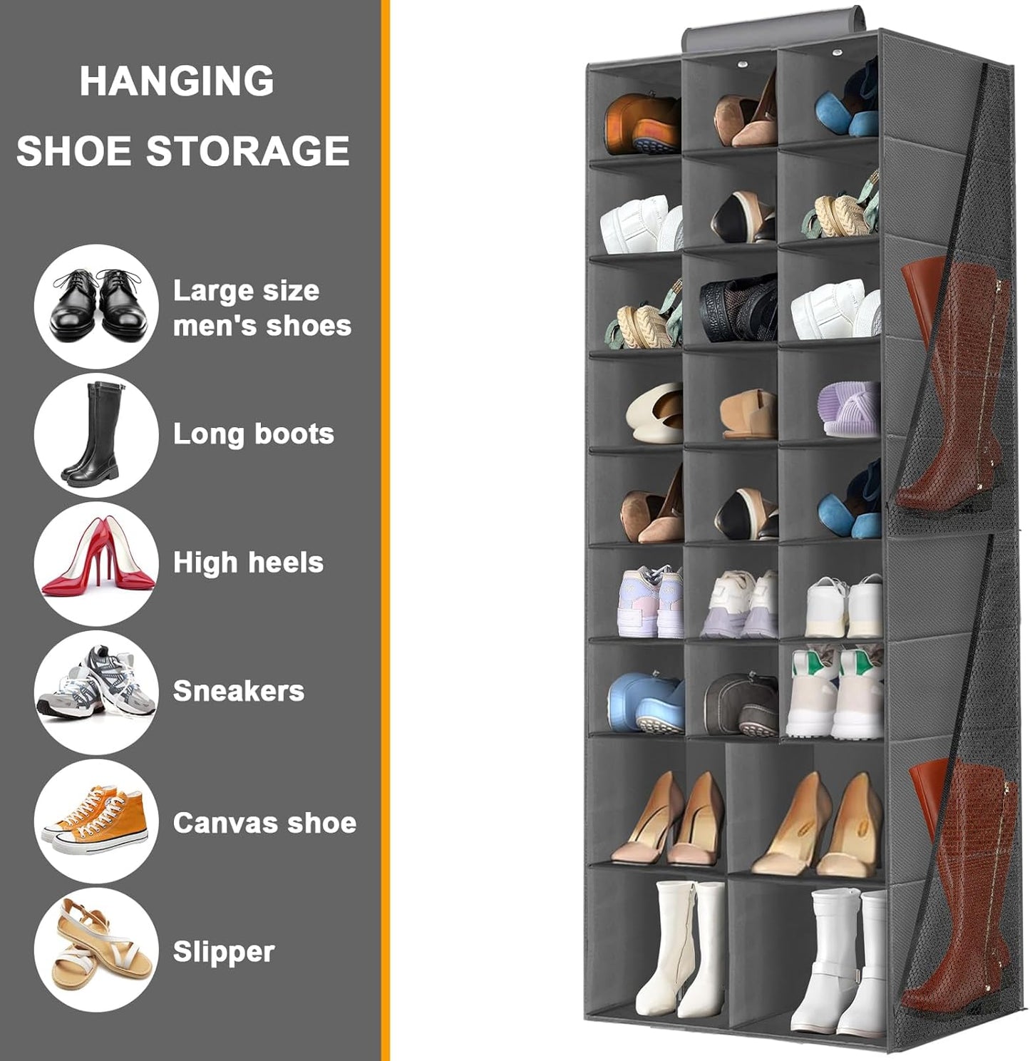 Hanging Shoe Organizer with 25 Sections and 4 Large Side Pockets for Closet Storage - Collapsible Shoe Rack in Gray