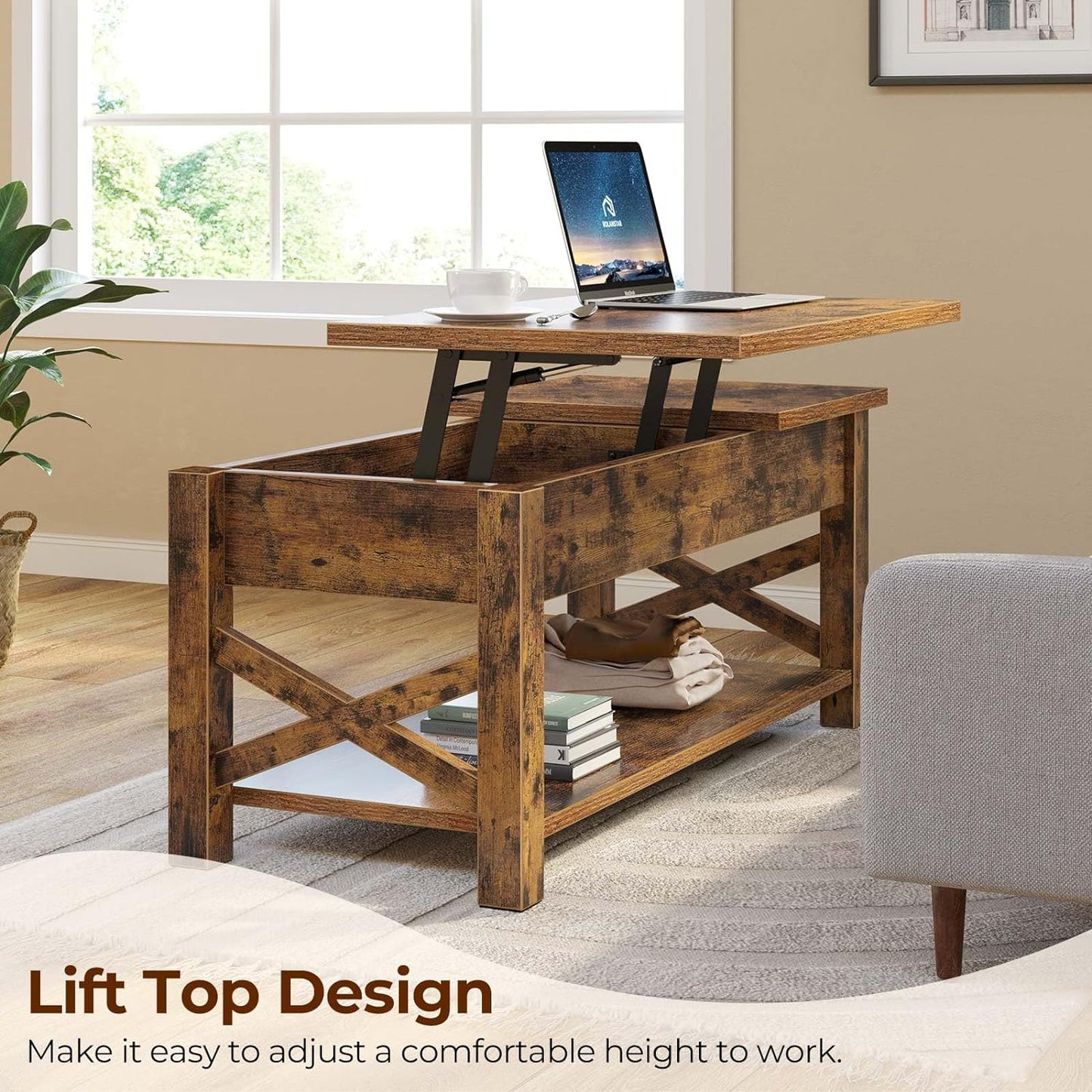 47.2" Lift Top Coffee Table with Hidden Compartment and Open Shelf, Rustic Brown Farmhouse Center Table