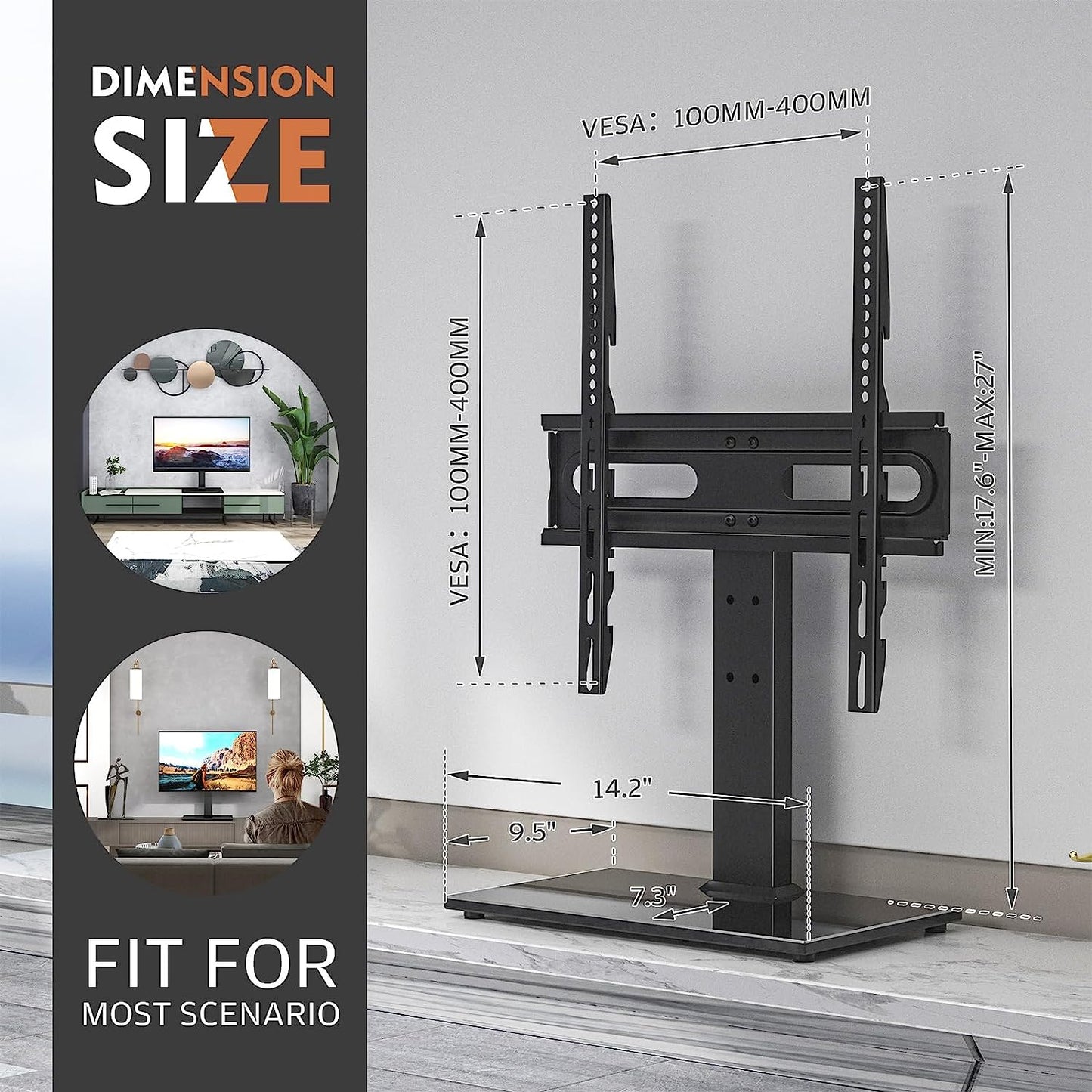 Universal Table Top TV Stand for 27-60 InchTVs - Height Adjustable with Tempered Glass Base and Wire Management, VESA 400x400mm