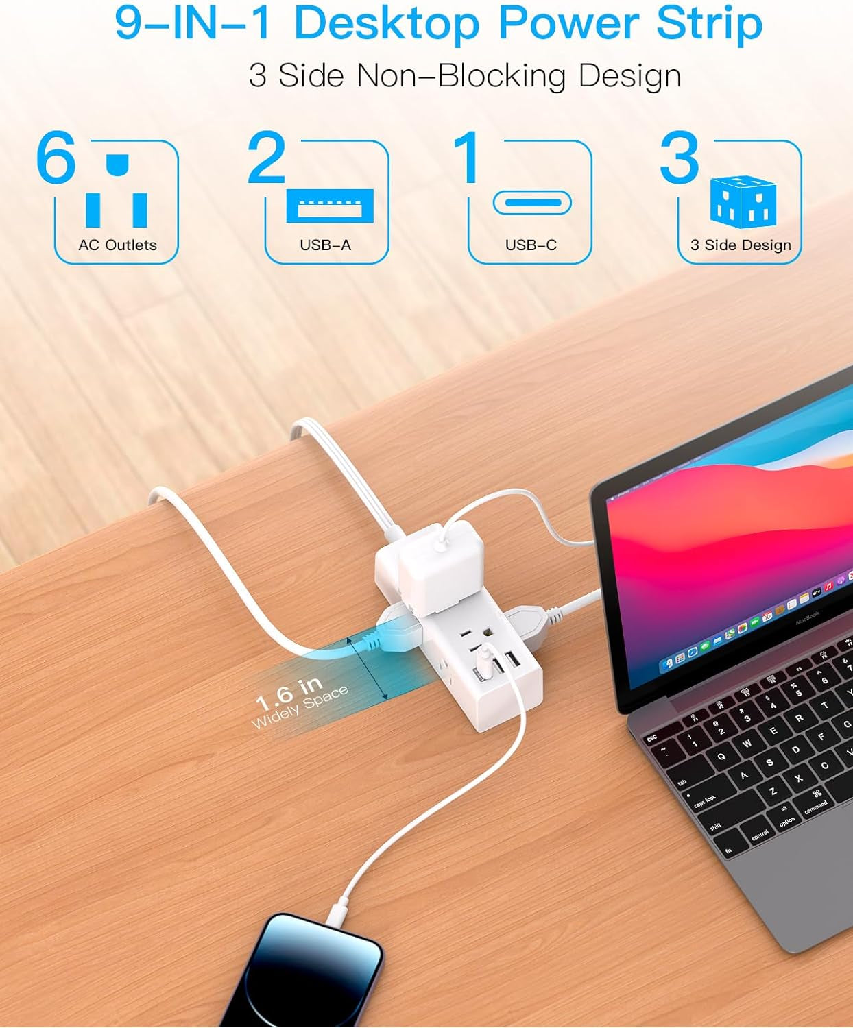 10FT Indoor Extension Cord with Surge Protector, Flat Plug, 6 Outlets and 3 USB Ports (including 1 USB-C) for Home, College