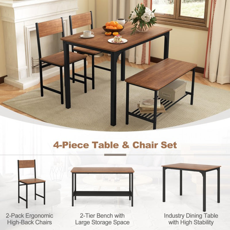 Rustic 4-Piece Dining Table Set with Two Chairs and Bench