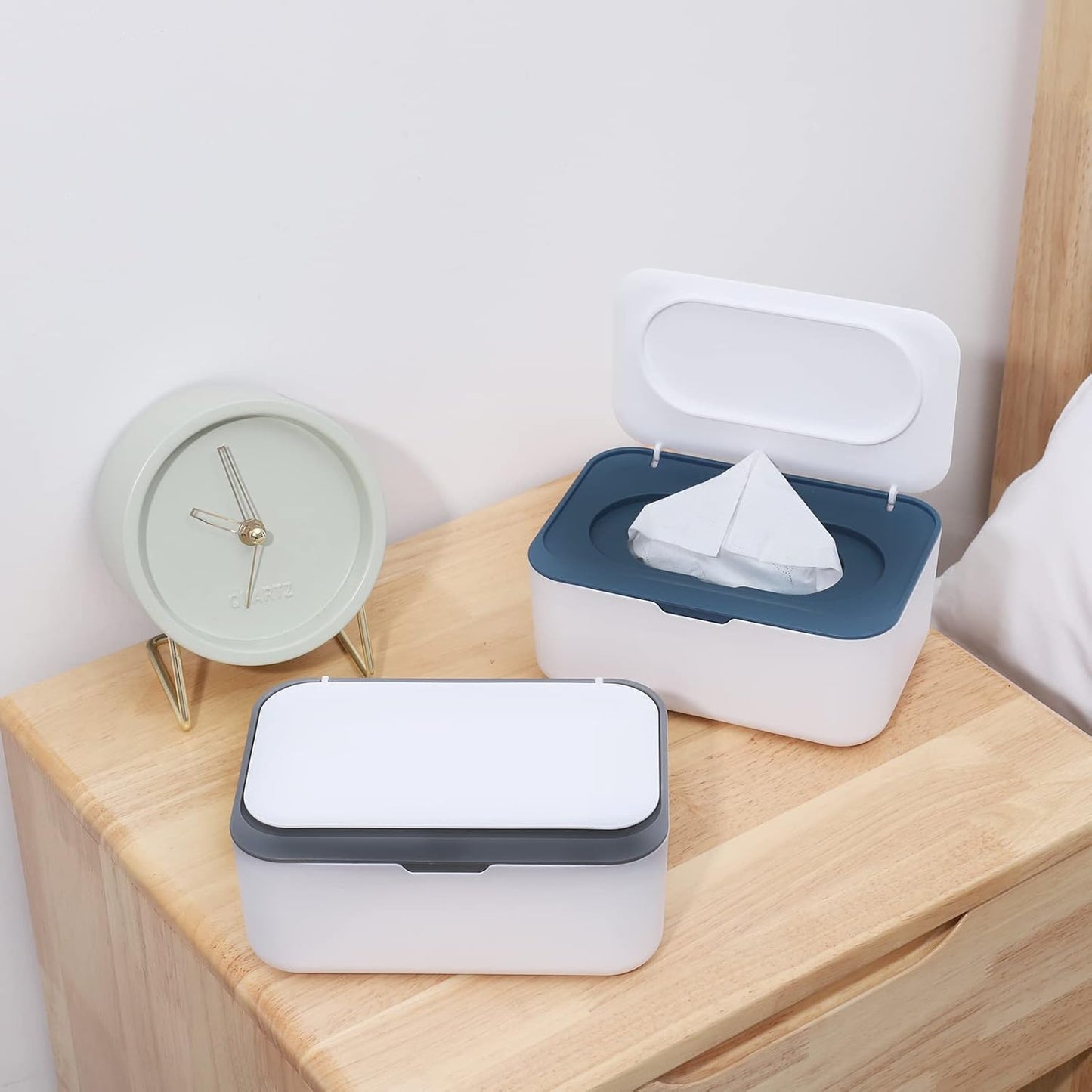 2 Pcs Wipes Dispenser, Dustproof Wipes Container, Wet Tissue Box Baby Wipe Holder, Large Capacity, Case with Secure Lid (Grey+Blue)