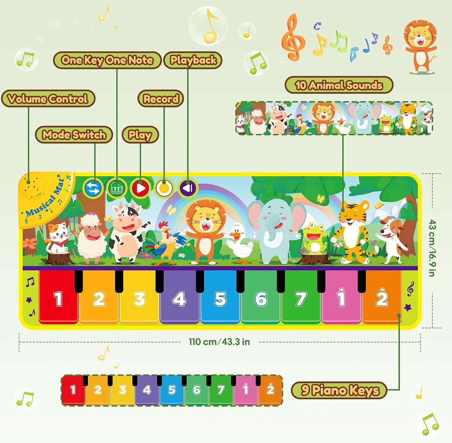 Piano Play Mat 45 x 18 Inch - Toddlers, Featuring 10 Animal Sounds - 9 Piano Notes, Educational Toy - Ages 1-3