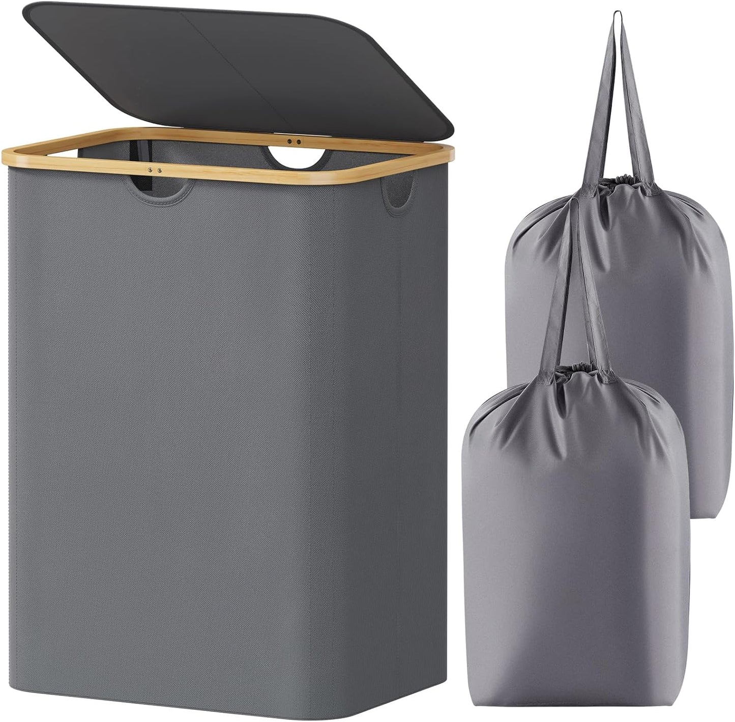Premium Collapsible Laundry Hamper with Lid and Removable Bag, 100L Tall Storage Bin with Bamboo Handles - Black
