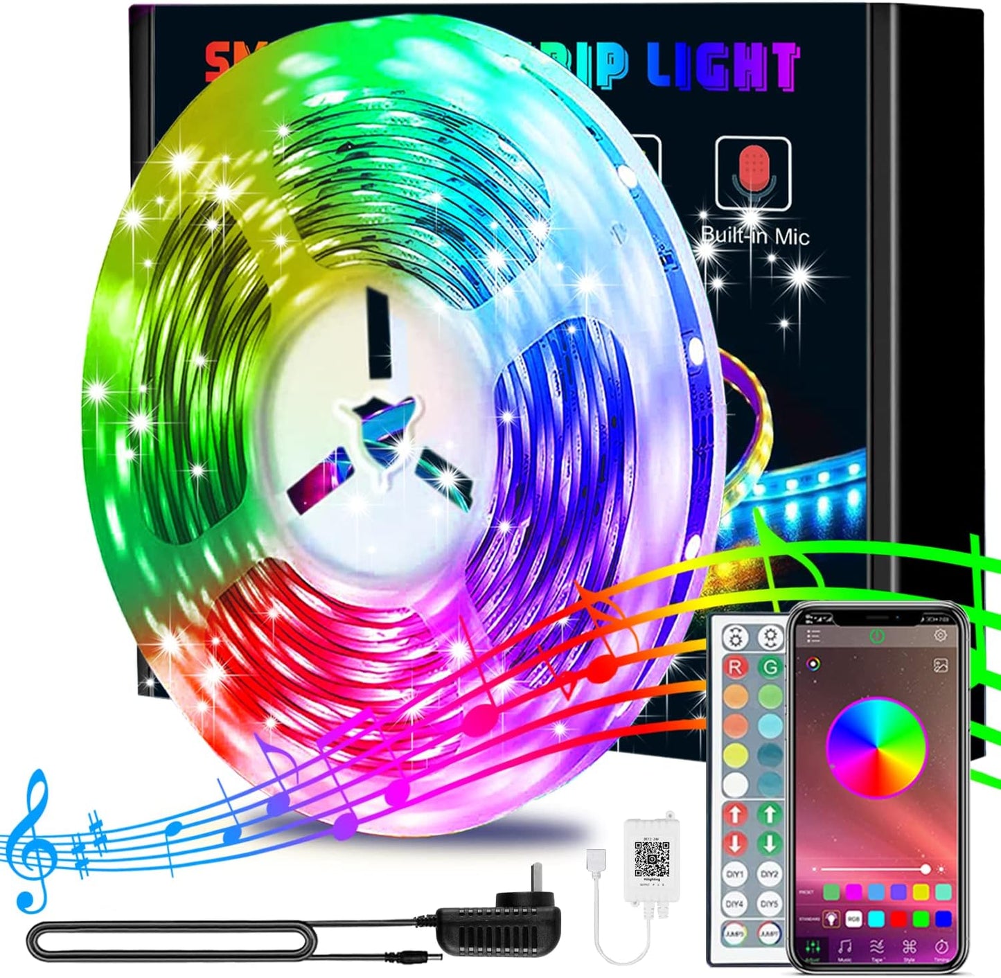 65.6Ft Smart Color Changing LED Strip Lights with Bluetooth Control - Ideal for Bedroom, TV, Party