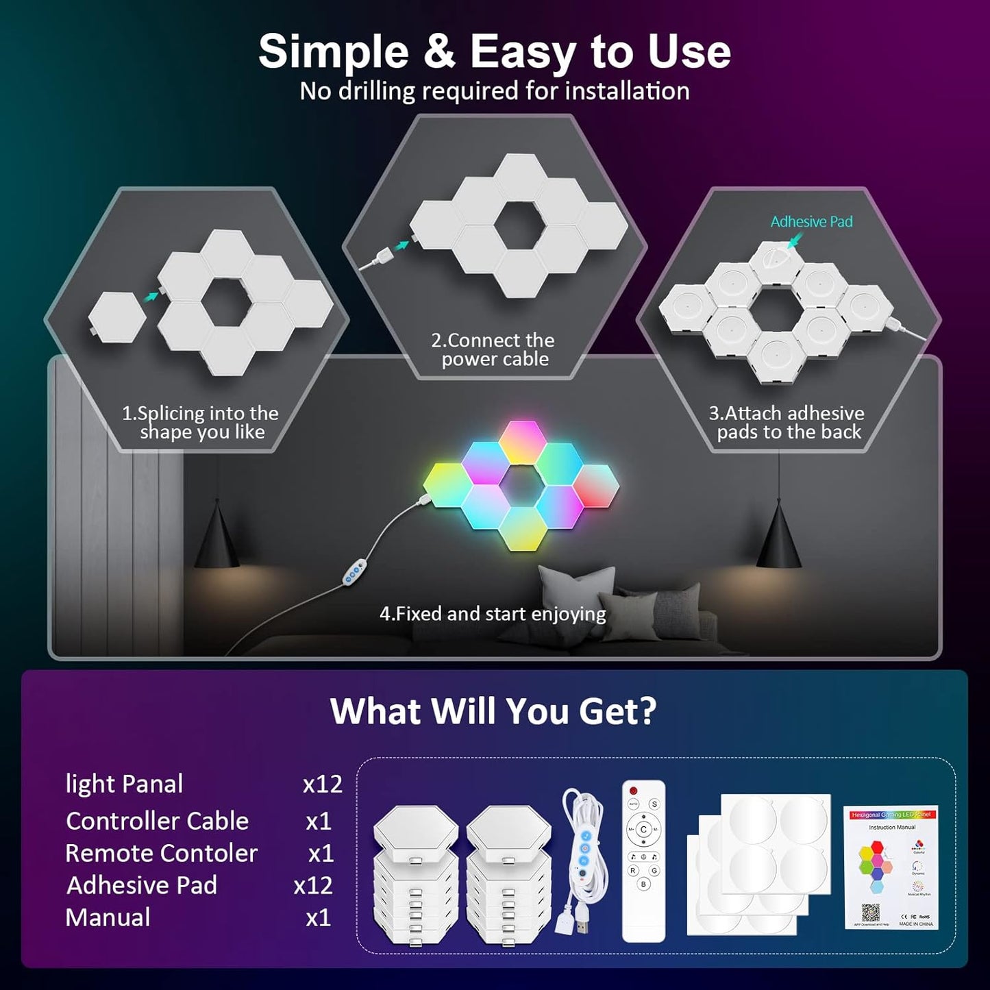 Hexagon LED Wall Light Panels: 12-Piece Smart Touch Sync Music Hex Lights for Gaming and Bedroom Decor