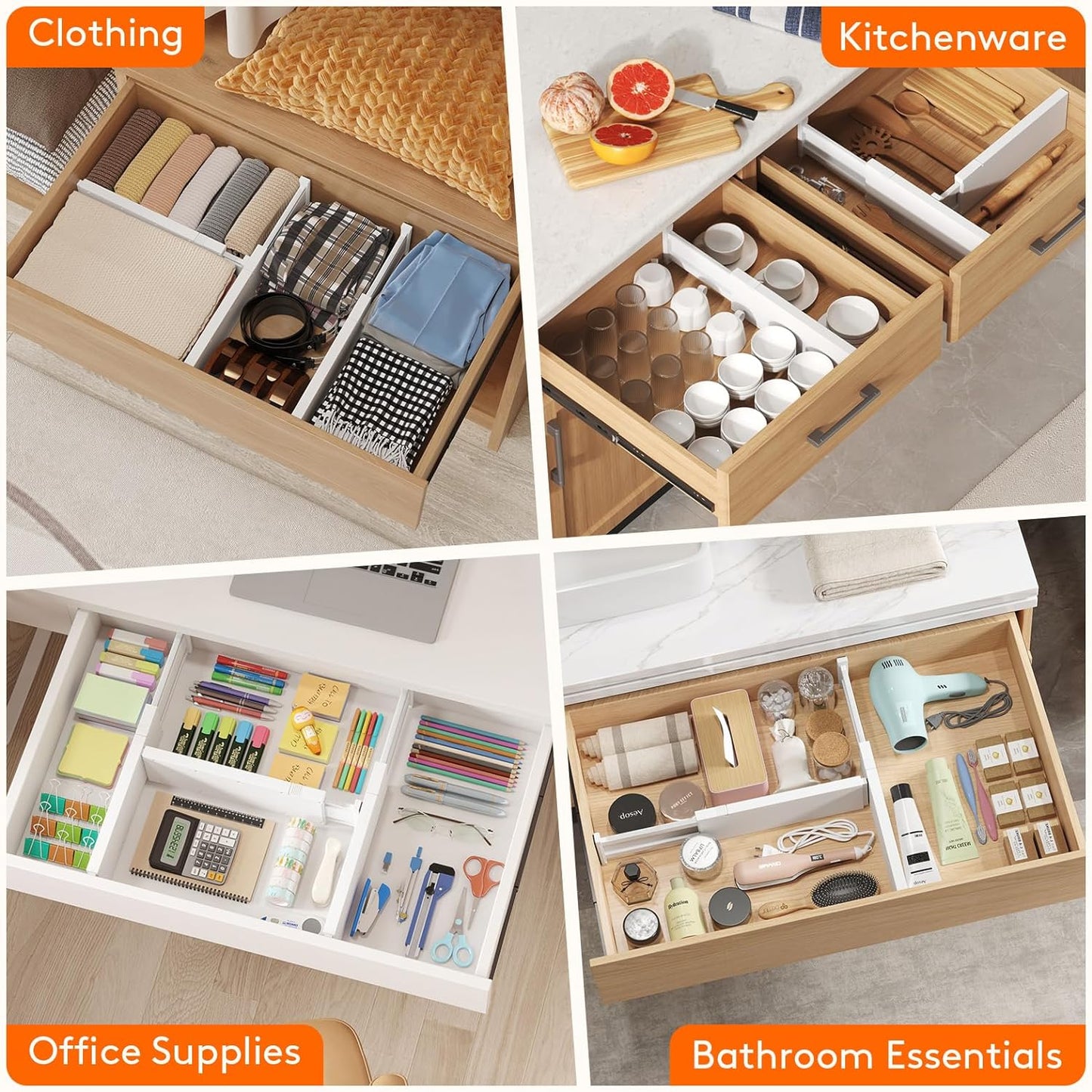 8-Pack Adjustable Plastic Drawer Dividers, 4" High, 11-17" for Closet and Vanity Organization