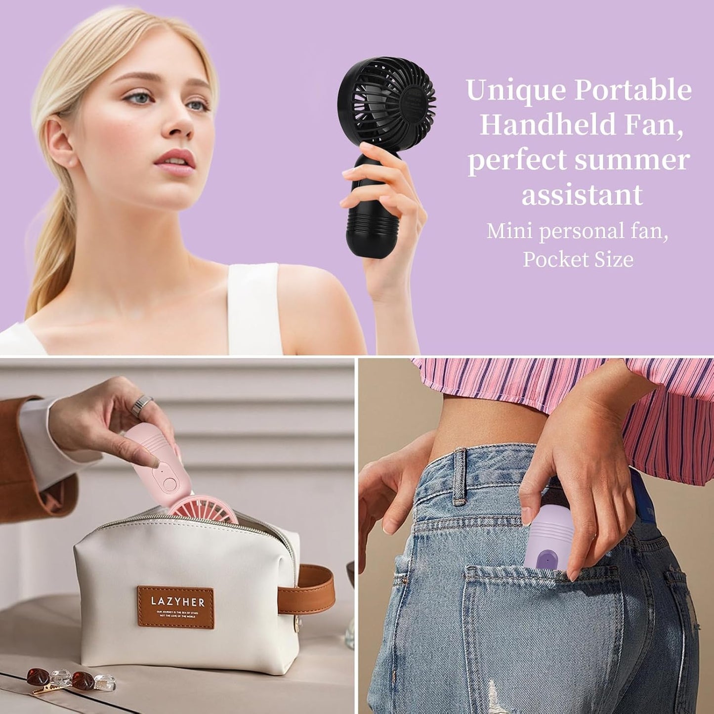 Mini Portable Handheld Fan - 3-Pack USB Rechargeable Personal Fans, Lightweight Battery-Operated Makeup/Pocket Fans with 3 Speed Settings