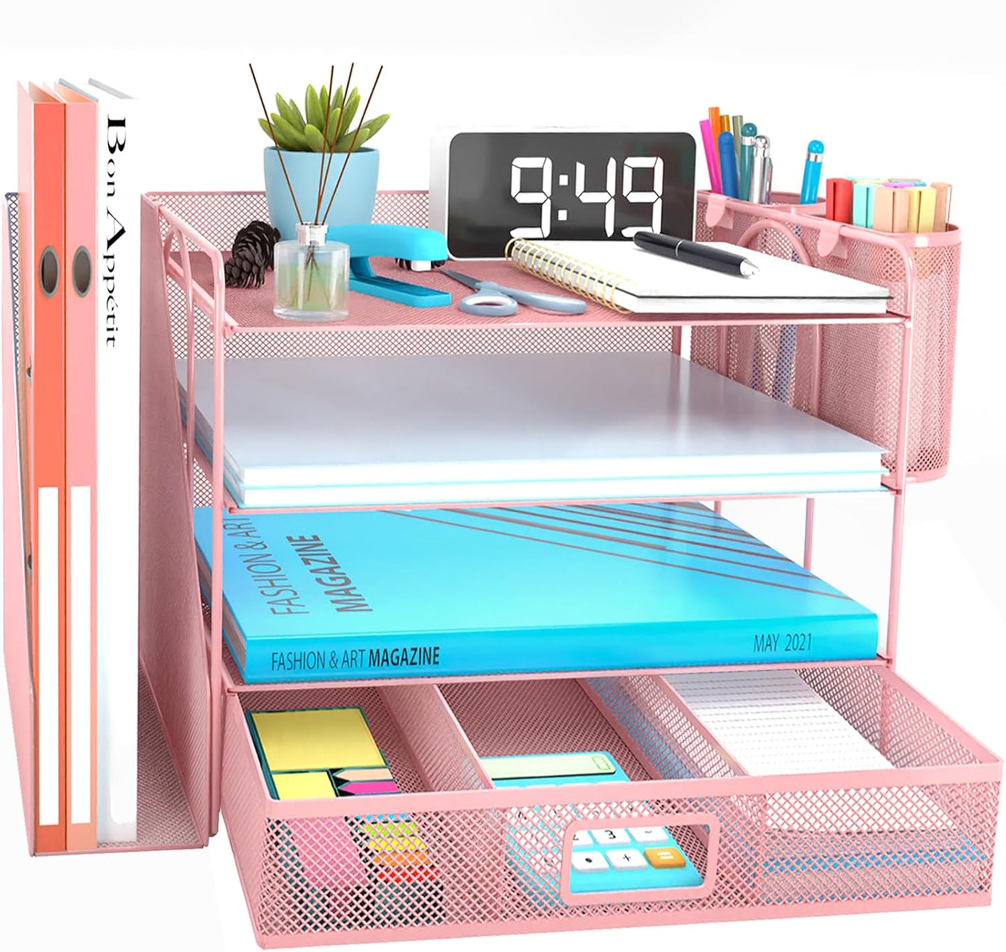 4-Tier Mesh Desk Organizer with File Holder, Drawer, and Pen Holders for Office Supplies