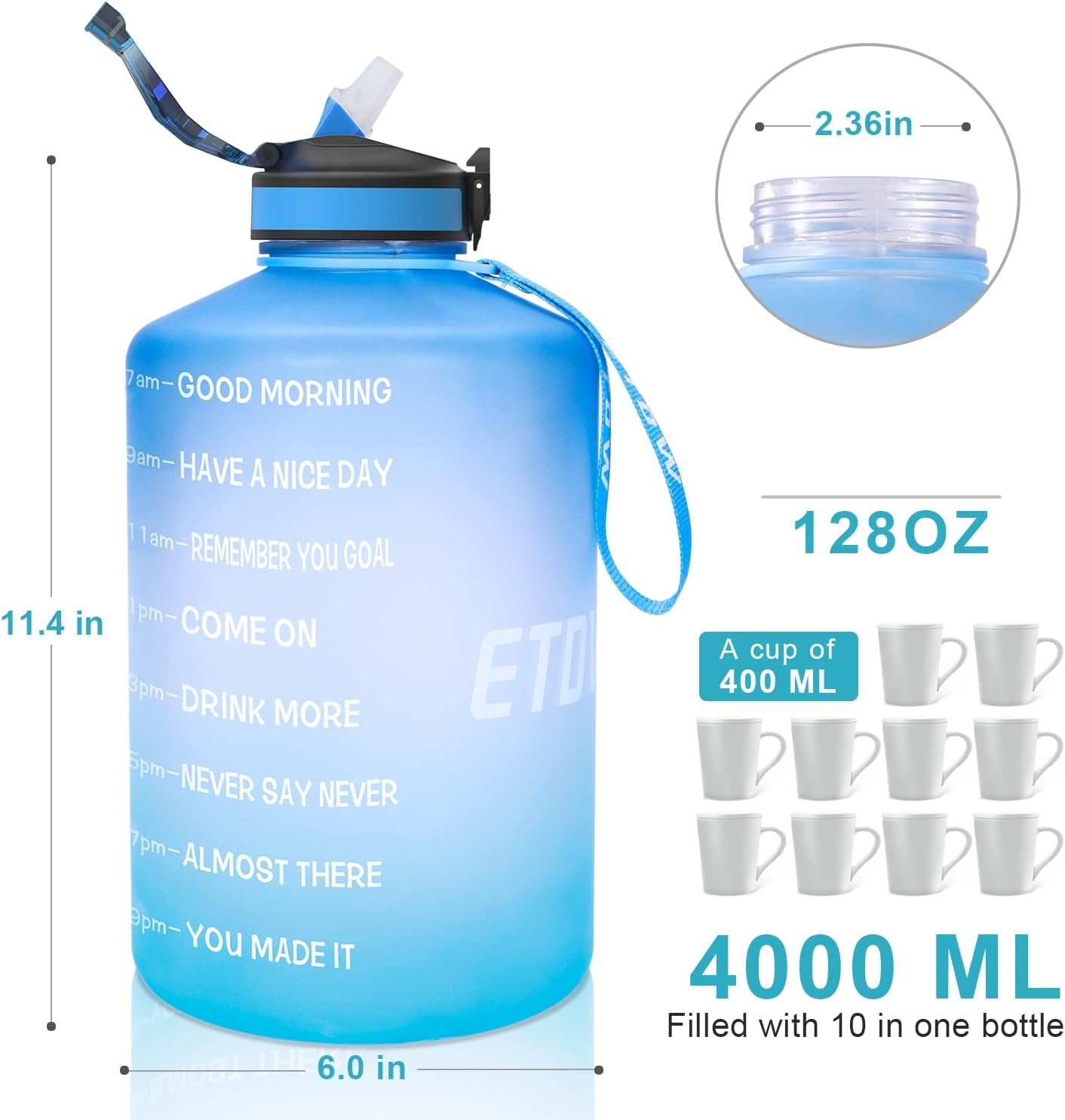 74OZ BPA-Free Gallon Water Bottle with Straw and Time Marker, Leakproof Fitness Container with Handle