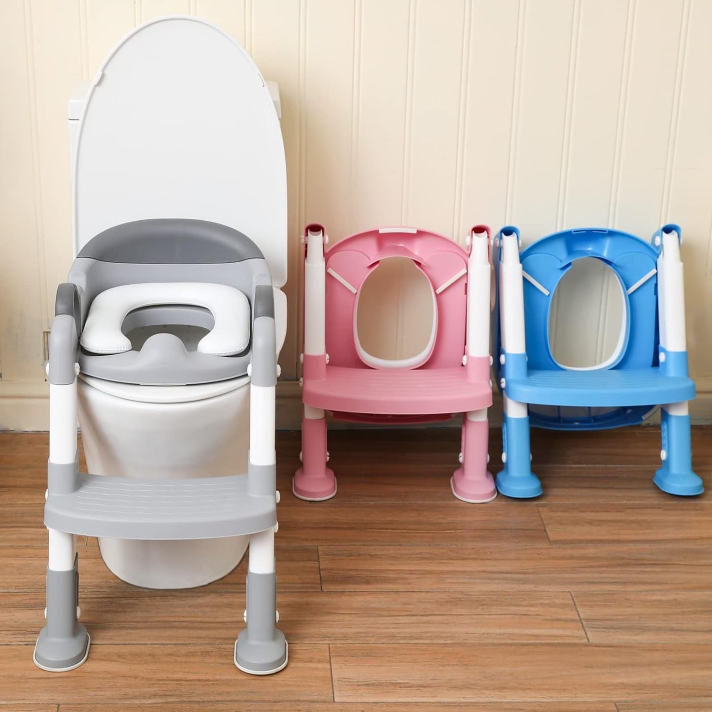 Potty Training Toilet Seat with Step Stool Ladder for Toddlers - Padded Non-Slip Design with Handles (Gray)
