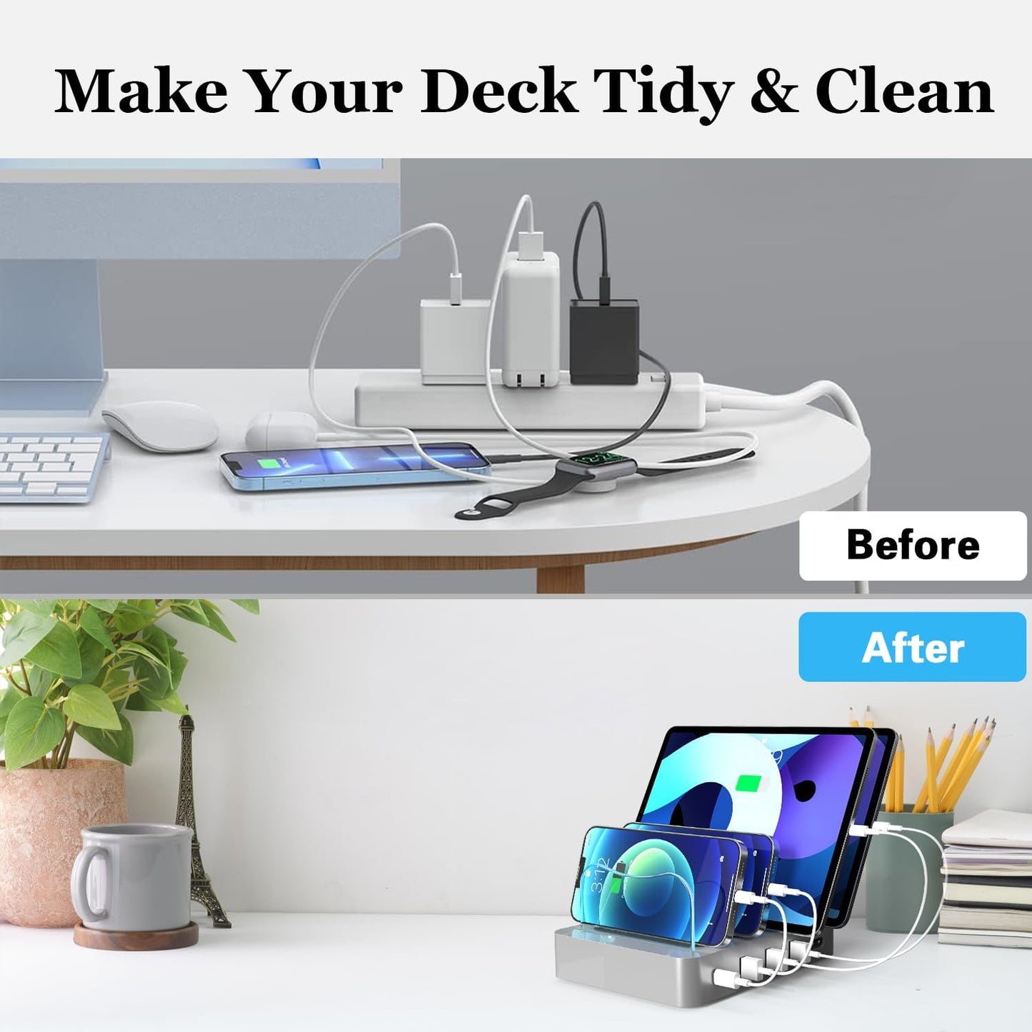 4-Port USB Charging Station and Organizer for Phones, Tablets, and Electronics - Detachable Desktop Docking Solution