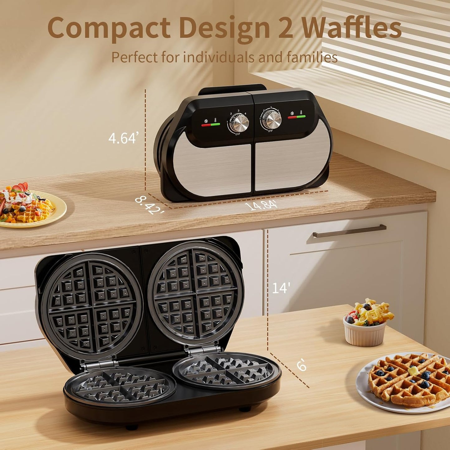 6-Inch Double Waffle Maker, 1400W Belgian Waffle Iron with Nonstick Plates, Adjustable Temperature Control, Cool-Touch Handles