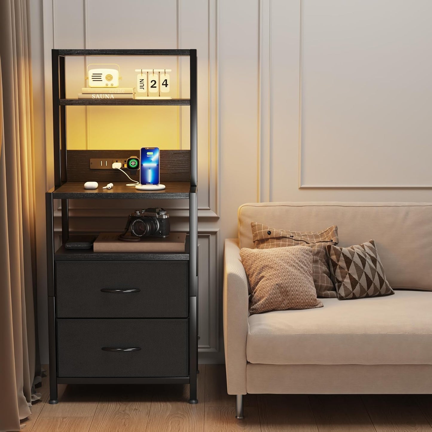 39" Tall LED Nightstand with Charging Station, Storage Drawer, and USB Ports - Black Bedroom Bedside Table