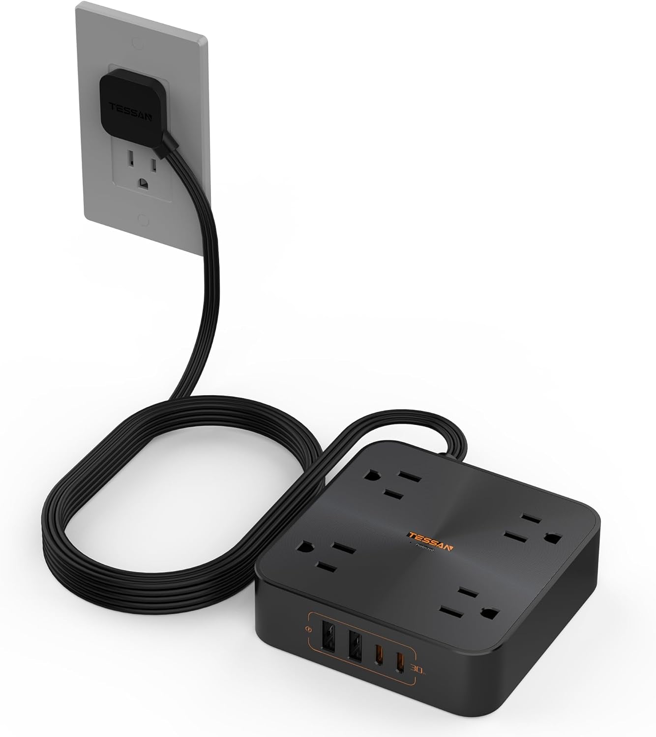 Flat Plug Power Strip with Surge Protection, 5-Foot Extension Cord, 4 Outlets and 3 USB Ports (1 USB-C), Gray