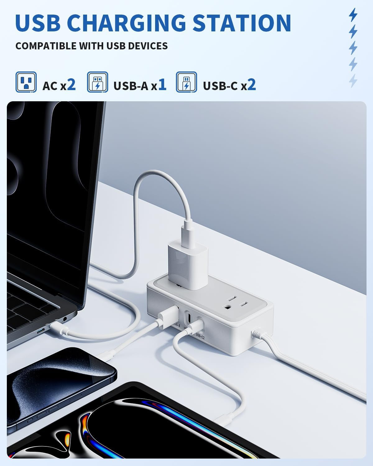 Ultra-Thin Flat Plug Power Strip with USB-C, 4FT Extension Cord, 2 Outlets and 3 USB Ports (2 USB-C),