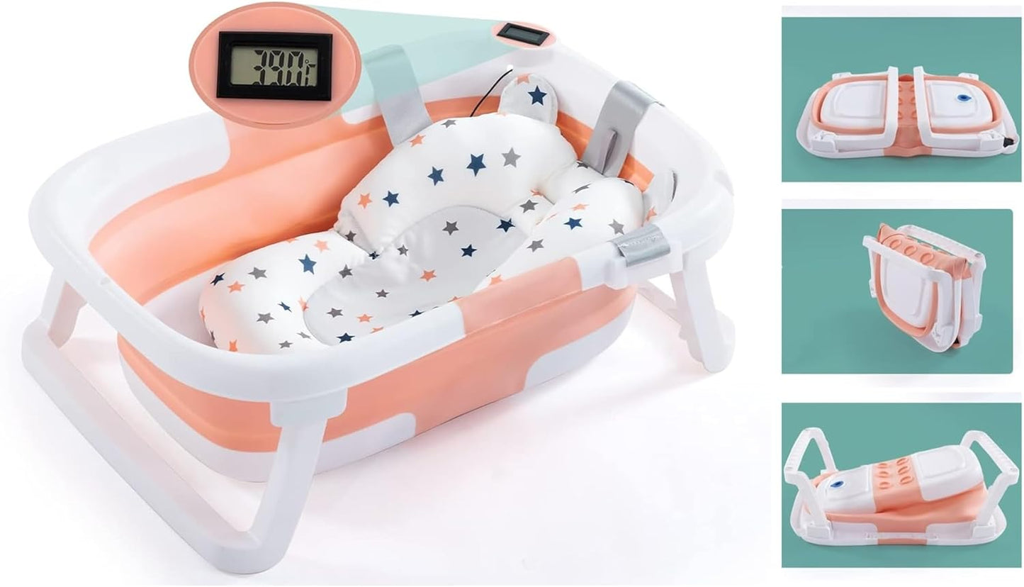 Portable Foldable Baby Bathtub, Multifunctional Collapsible Design, Drain Hole, Baby Bath Cushion - Waterproof Ear Cap