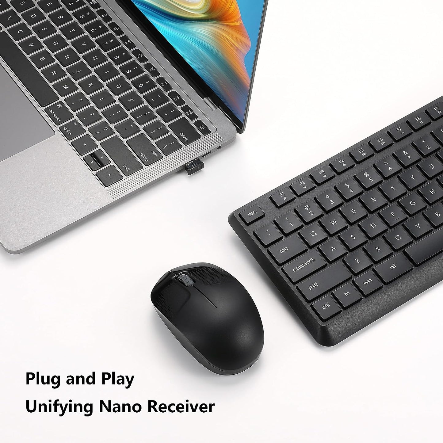 Wireless Keyboard and Mouse Set for Windows - Full-Sized Cordless Keyboard and Silent 1600 DPI Mouse with USB Receiver (Black)