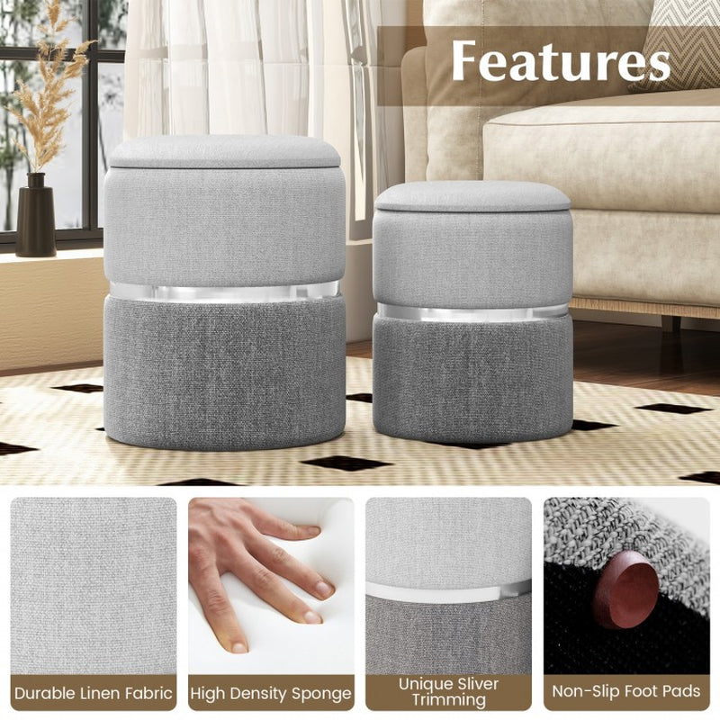 Set of 2 Velvet and Linen Fabric Storage Ottomans