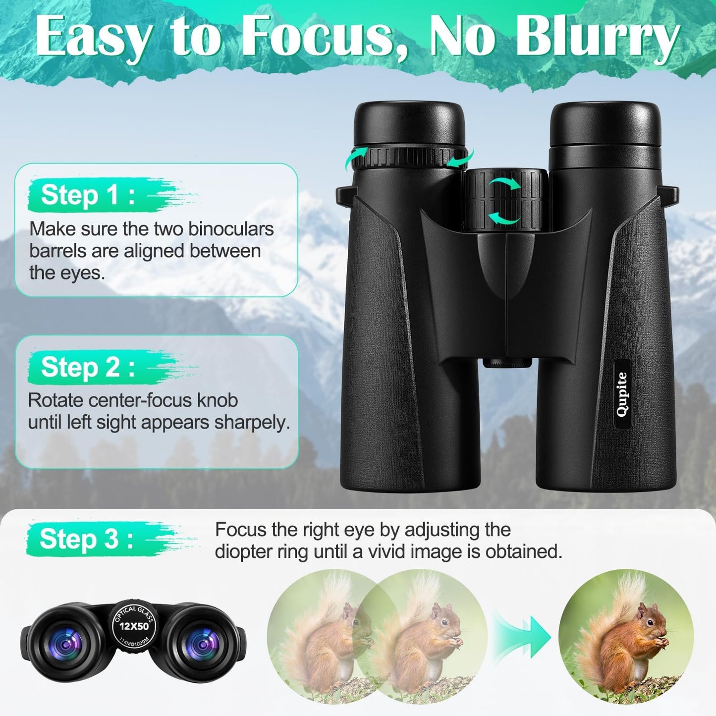 12X50 High-Power Compact Binoculars for Adults with Clear Vision and Easy Focus, Includes Carrying Case and Strap