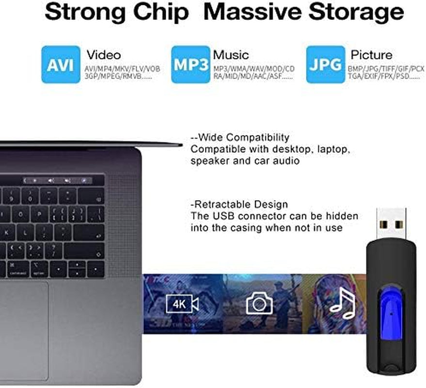 64GB USB Flash Drive - 5-Pack Retractable Memory Sticks (USB 2.0) in Black, Red, Blue, Green, and Purple for Data Storage