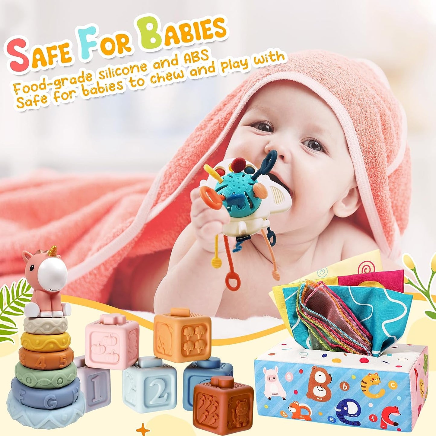 Montessori-Inspired Baby Toy Set - 6-12 Months - 4-in-1 Stacking Blocks, Tissue Box Toy, Sensory Play (1-3 Years)