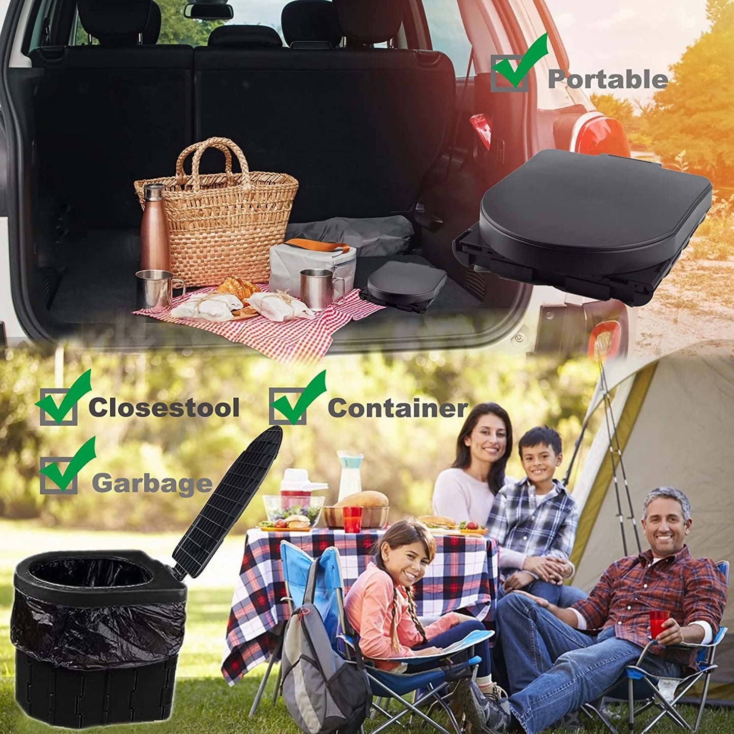 Portable Outdoor Toilet - Collapsible Camping and Fishing Toilet Bucket (Black)