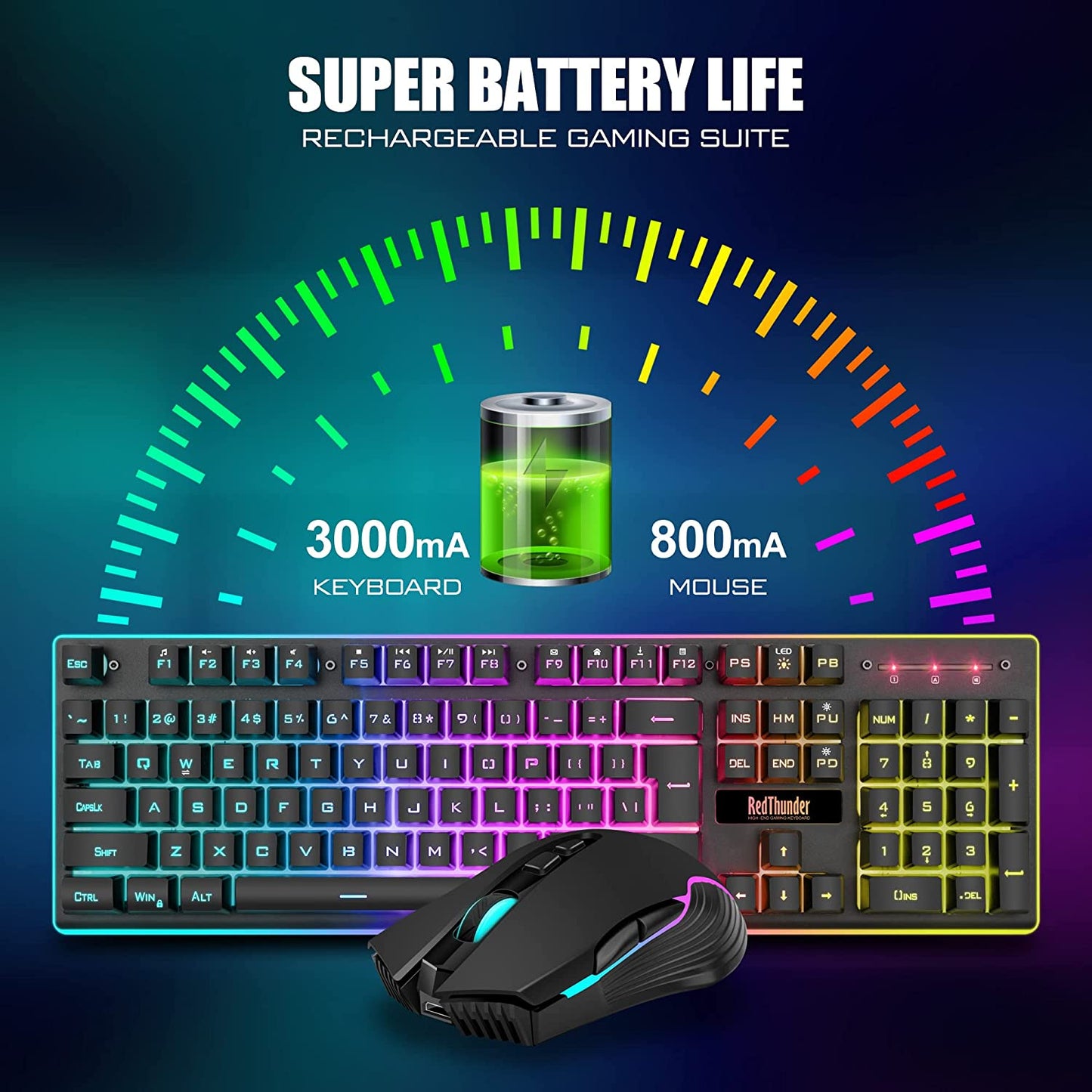 Wireless Gaming Keyboard and Mouse Set with LED Backlighting, Rechargeable 3800mAh Battery, Mechanical Feel (Black)