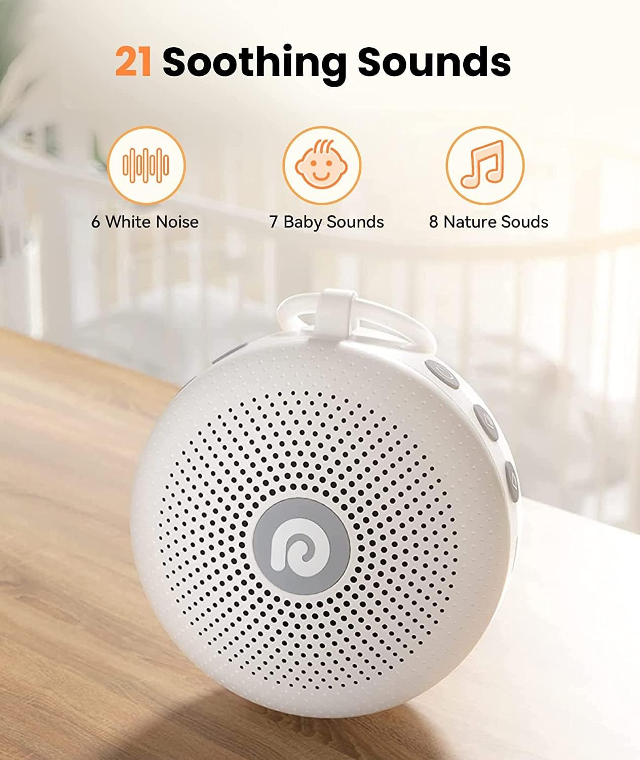 Portable White Noise Machine - Rechargeable Sound Therapy Device, Featuring 21 Soothing Sounds- Long-lasting Battery