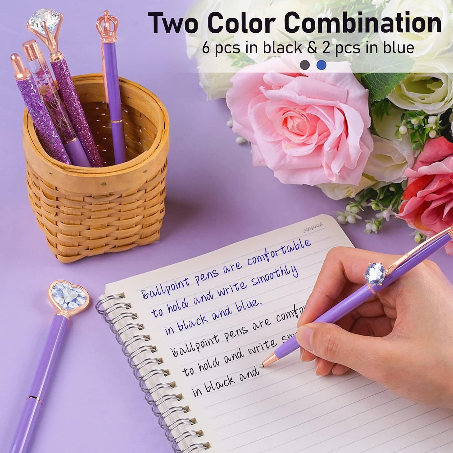 8Pcs Ballpoint Pens Set Purple Pens Set Purple Ballpoint Pen Bling in Black & Blue Ink Metal Crystal Diamond Pen for Journaling Glitter Fancy Pens Gifts for Women Wedding Office