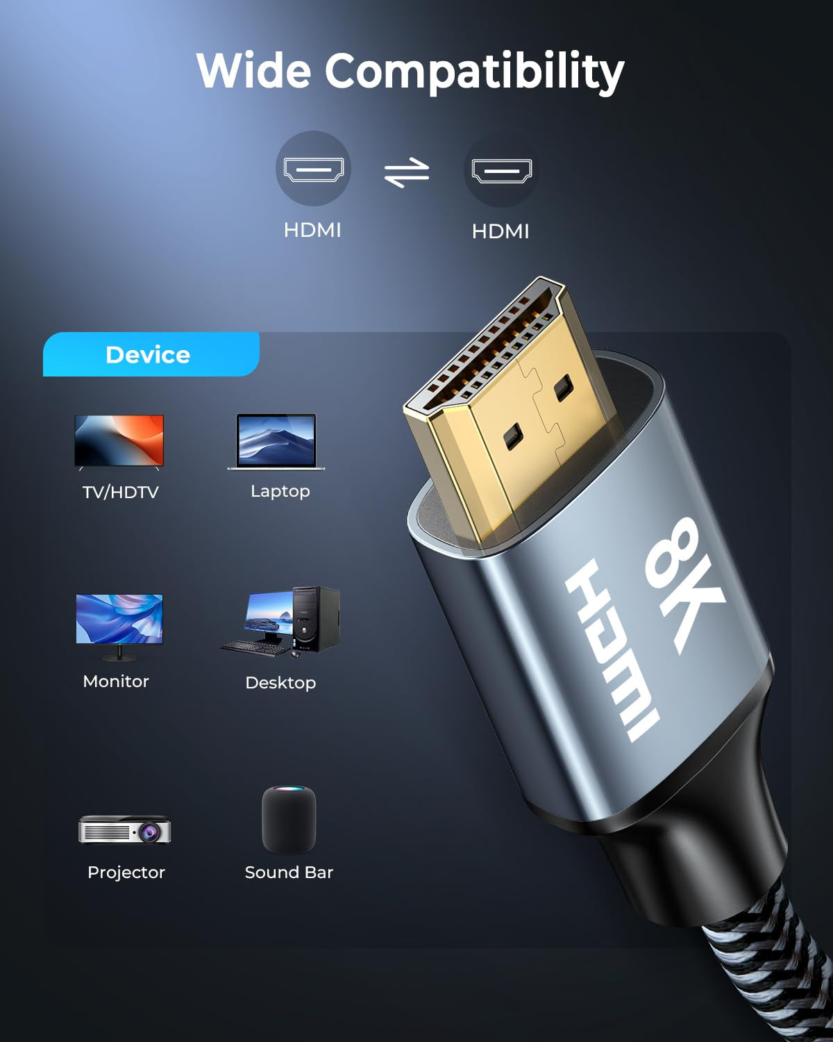 8K HDMI Cable 10 Feet (2-Pack) - 48Gbps High-Speed HDMI 2.1 Braided Cable, Supports 8K@60Hz, 4K@120Hz, HDR, eARC, HDCP 2.2/2.3