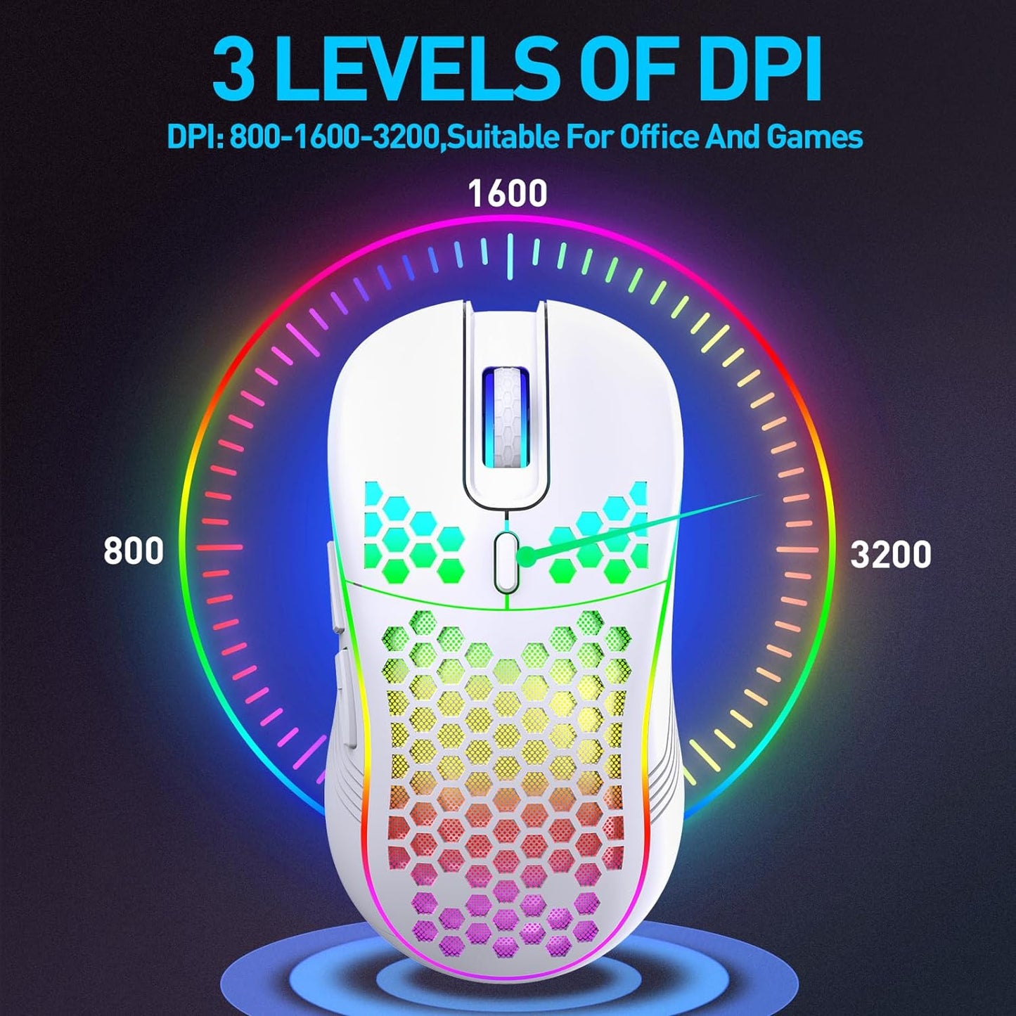 Wireless Gaming Mouse, Rechargeable Computer Mouse with RGB Backlight, USB Receiver, 6 Buttons, Adjustable DPI (White)